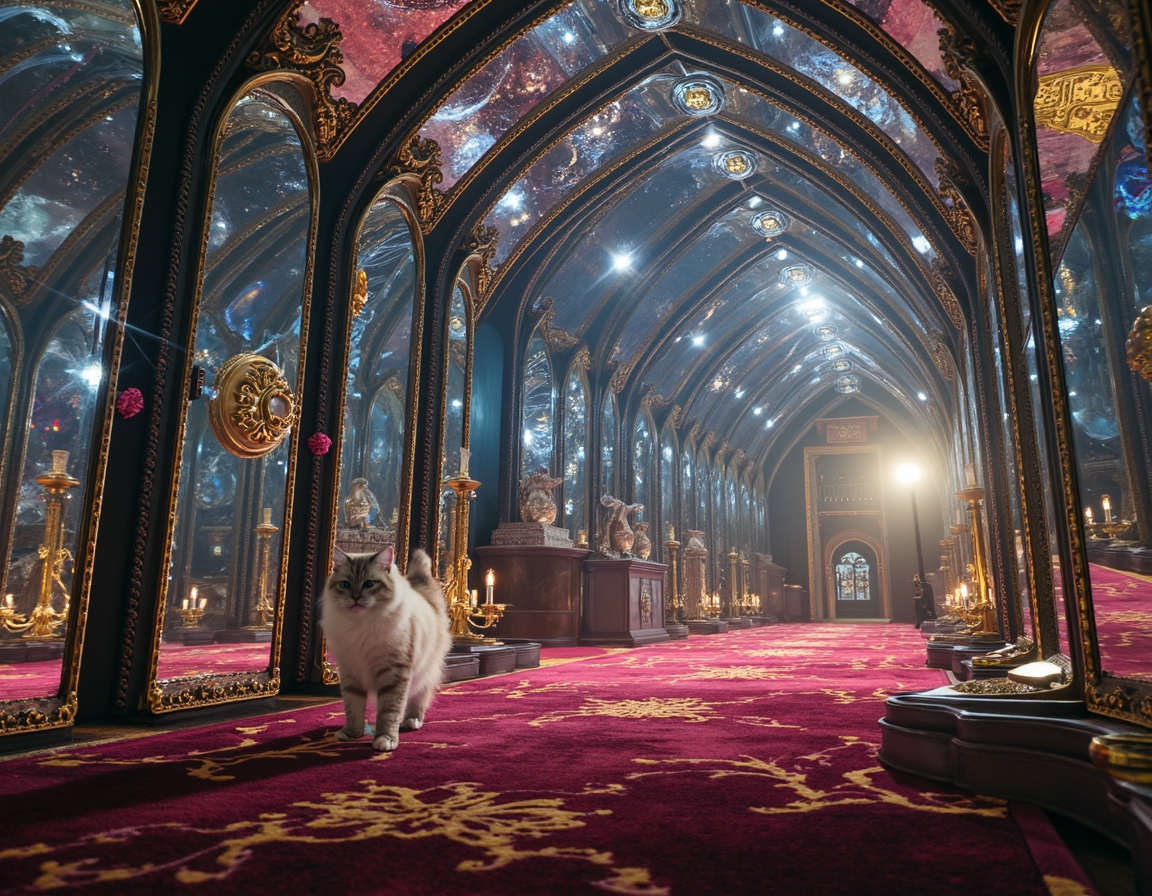 Cat navigates a maze where every surface is a magic-infused mirror, reflecting surreal visions and shifting illusions. Soft, colorful light accentuates each step, turning the labyrinth into a glittering puzzle filled with wonder and mystery.